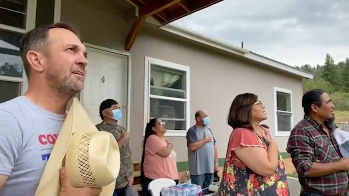 After being banned by Mescalero Apache Tribe, Republican county official Couy Griffin admitted he didn't know anything about the tribe's sovereignty. Yet he had invited Karen Bedonie (who is Navajo not Apache) to meeting on reservation. Here they are saying Pledge of Allegiance.