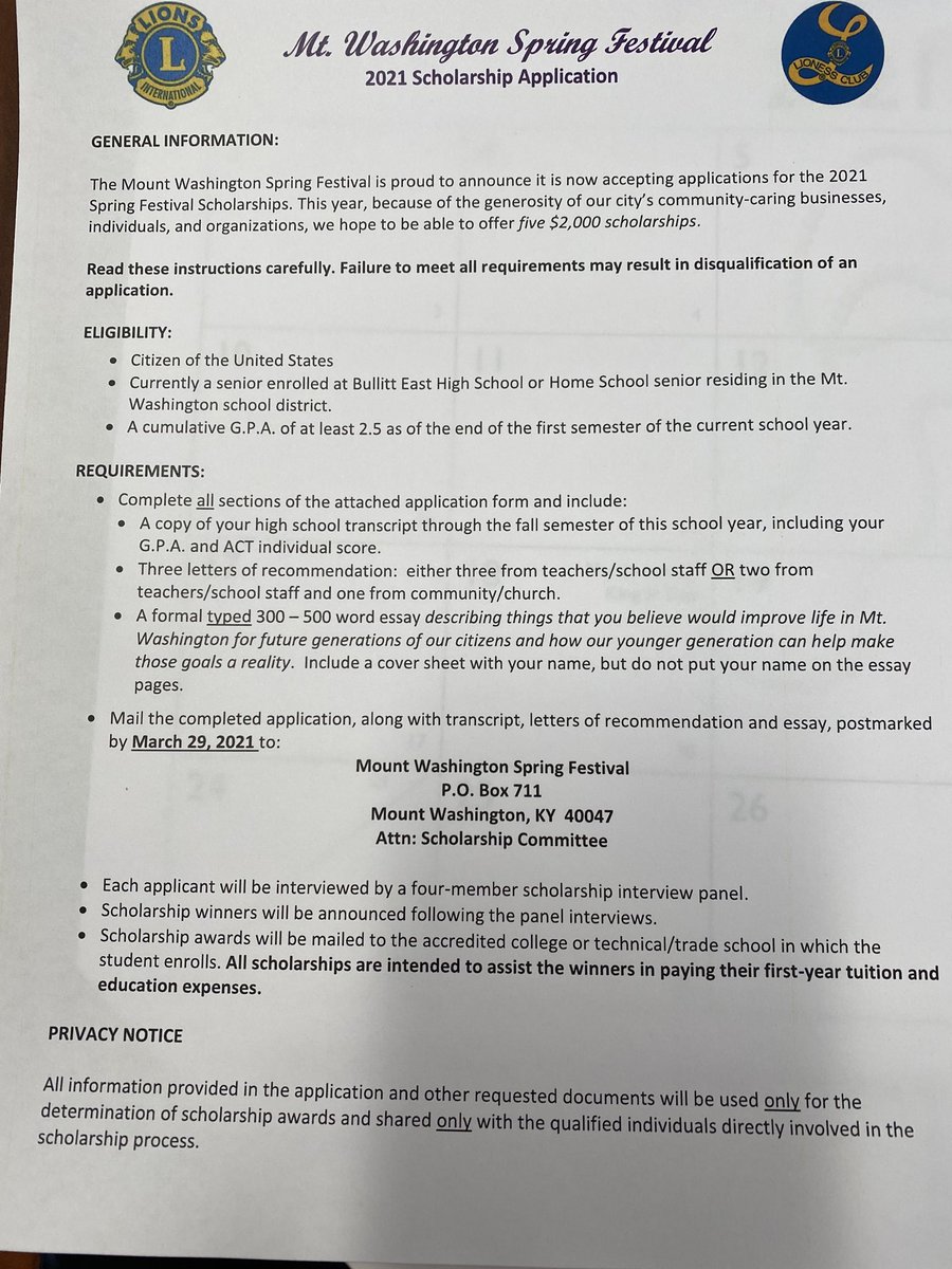 BigMarshallNat1's tweet photo. Students don’t miss the opportunity to apply for this scholarship! Thank you to the Mt.Washington Lions club! Please reach out to our guidance office for a copy of the application! https://t.co/bXML0YvgWx