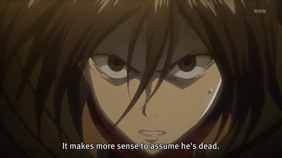 > Next, Eren, who is the only survivor of the Squad Levi, is captured by the female Titan. Levi and Mikasa chase after her. It's the first time they've teamed up, because Levi chose to believe Mikasa and her determination; Eren is still alive. The hope is still there.