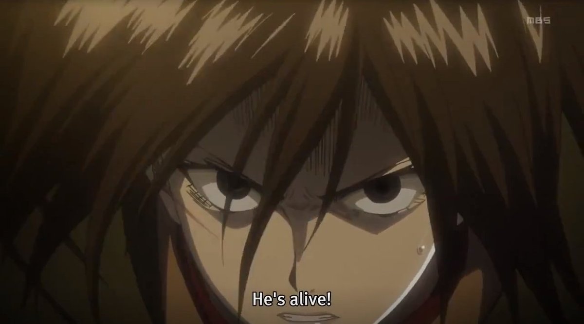 > Next, Eren, who is the only survivor of the Squad Levi, is captured by the female Titan. Levi and Mikasa chase after her. It's the first time they've teamed up, because Levi chose to believe Mikasa and her determination; Eren is still alive. The hope is still there.