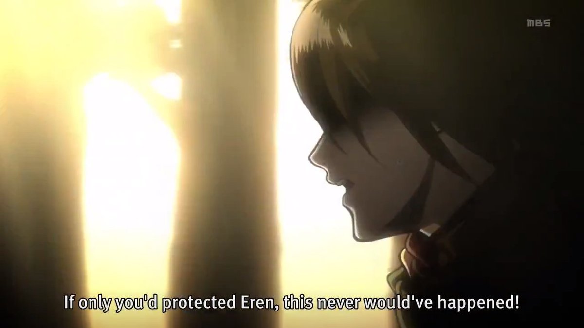 Mikasa also blames Levi for not protecting Eren properly. There, we see a moment of silence/reflection in Levi. Ok, he's trying to remember where he's seen Mikasa before, but you can also think he feels touched by her words. Because in the end, she is not wrong.
