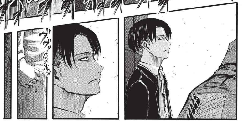 Now back to the manga, at the moment that interests us.In this one, Levi is injured and isn’t wearing his uniform. He's set back, silent, looks up, has a worried face and he clenches his fists. Looks like he feels helpless and yet, we won't see him again until Annie is captured.