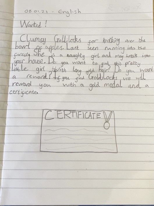 HillmeadSchool's tweet photo. The story of Goldilocks was the inspiration for "Wanted" posters designed by Jack and Evie in Bluebell Class, while Emil and Gabriella in Poppy Class used explanation texts to write powerful pieces about endangered animals. @HertsEnglish https://t.co/5KJGY1KuJ7