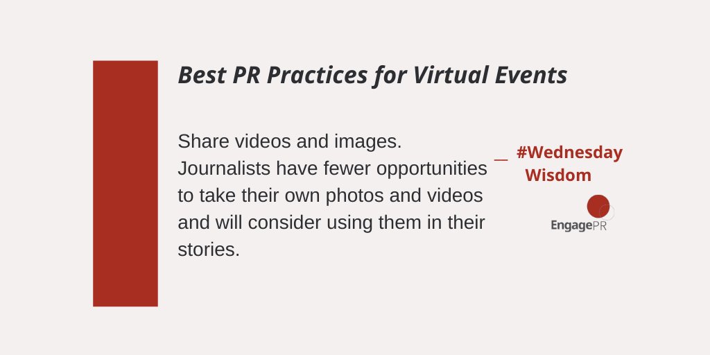 EngagePR's tweet photo. For this week's #WednesdayWisdom, we're highlighting the best PR event practices for today's virtual landscape. Read these tips and more on our latest blog: https://t.co/LAX53TEnK0

#PR #Communications #VirtualEvents #ModernComms https://t.co/N2shdEcE1F