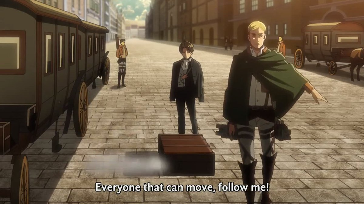 In episode 24, we see Erwin put on his 3D maneuver gear while Levi, in his black suit, is the only one to stay still. Once again we emphasize his helplessness. A shot shows the equipment, followed by a shot of Levi. Levi's going to put on his gear.