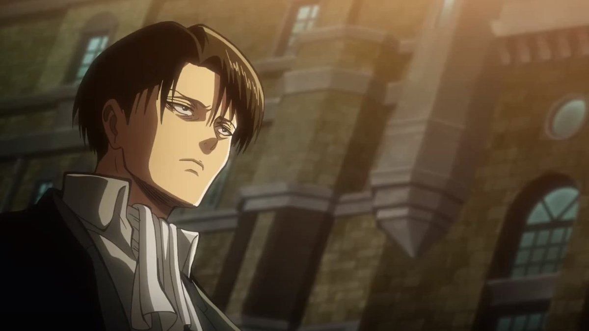 In episode 24, we see Erwin put on his 3D maneuver gear while Levi, in his black suit, is the only one to stay still. Once again we emphasize his helplessness. A shot shows the equipment, followed by a shot of Levi. Levi's going to put on his gear.