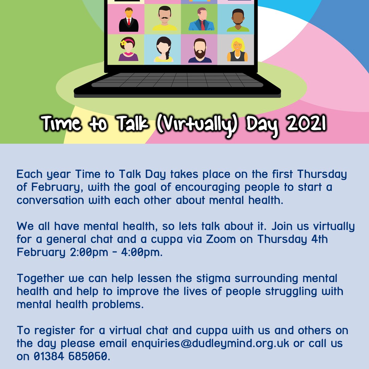 BlackCountryMH's tweet photo. February 4th is Time to Talk (virtually) Day 2021. Time to Talk Day is a day with the goal of starting a discussion about mental health. This year we would like to invite you all for a virtual cuppa and a chat on February 4th between 2:00pm - 4:00pm. https://t.co/sBsKs3VNYY