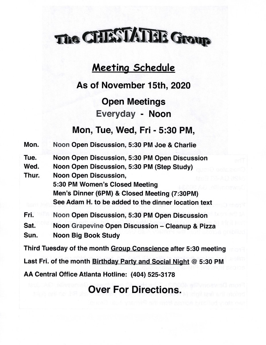 DCFamilyConnect's tweet photo. Alcoholics Anonymous-The Chestatee Group
-New Meeting schedule as of 11/15/2020 https://t.co/Xhls6dWMoa