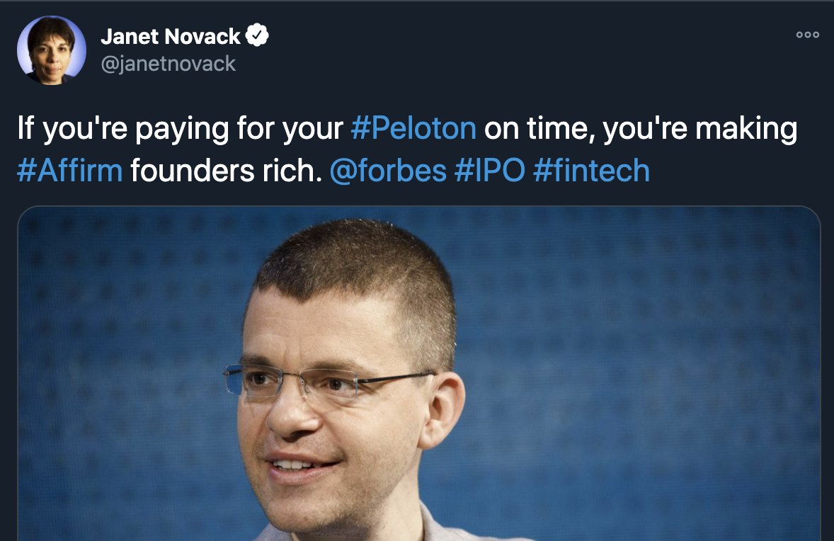 3) Affirm is a financial lender of instalment loans for consumers to use at the point-of-sale. Huh?Think of buying a  #Peloton. But instead of paying cash (you don’t have) or using credit card (crazy fees) use an Affirm instalment loan and repay over 6 weeks to 48 months.