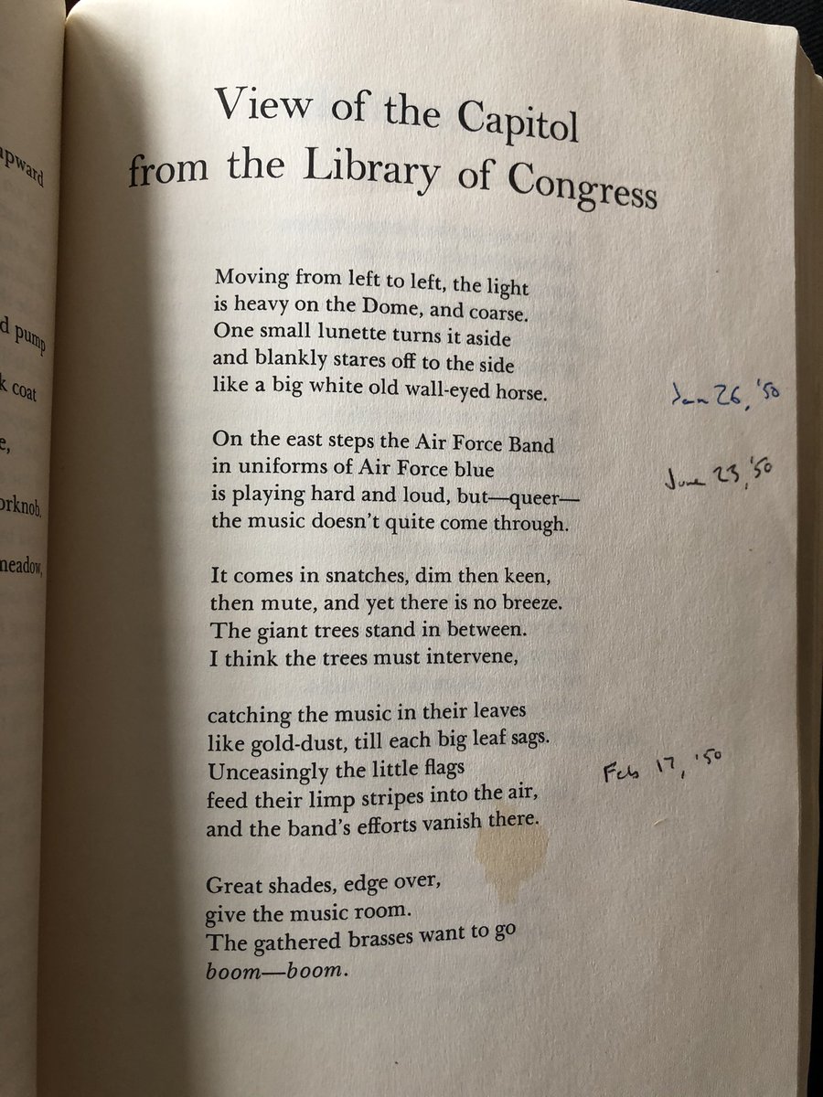 She didn’t write many poems that year. Eventually, though, looking out of her window, this poem came together. (My dates in the margin come from her journal.) The Korean War was beginning, and she was thinking about what it meant to be a poet in relation to her view.
