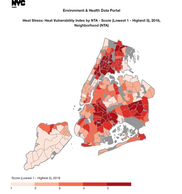 In NYC, injustices can be seen in heat vulnerability, asthma rates, housing quality, and more. The images below show how strong the connection can be between social vulnerability and climate vulnerability throughout the city.