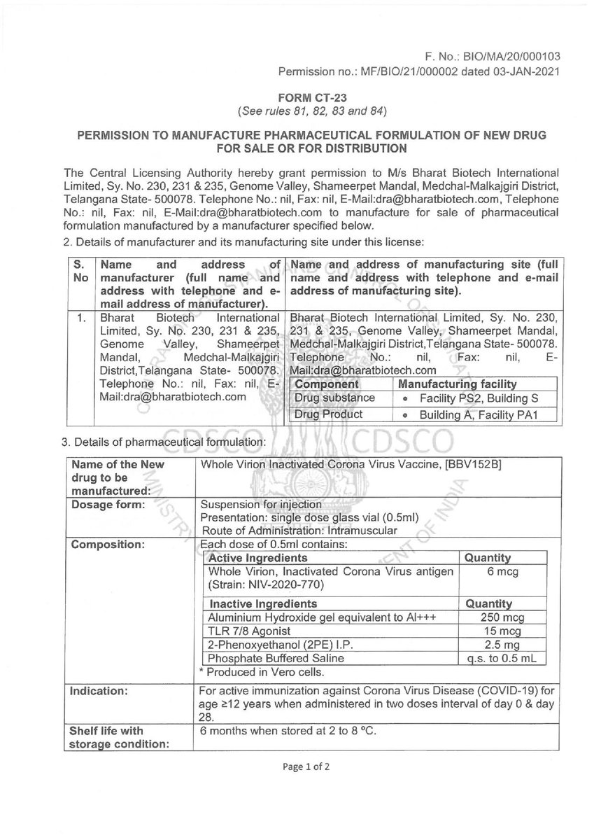 SEC recommended granting approval to the vaccine on 2 Jan.DCGI granted the permission on 3 Jan 2021 with indicated use as "for active immunization against Corona Virus Disease (COVID-19) for age >=12 years..." @CDSCO_INDIA_INF