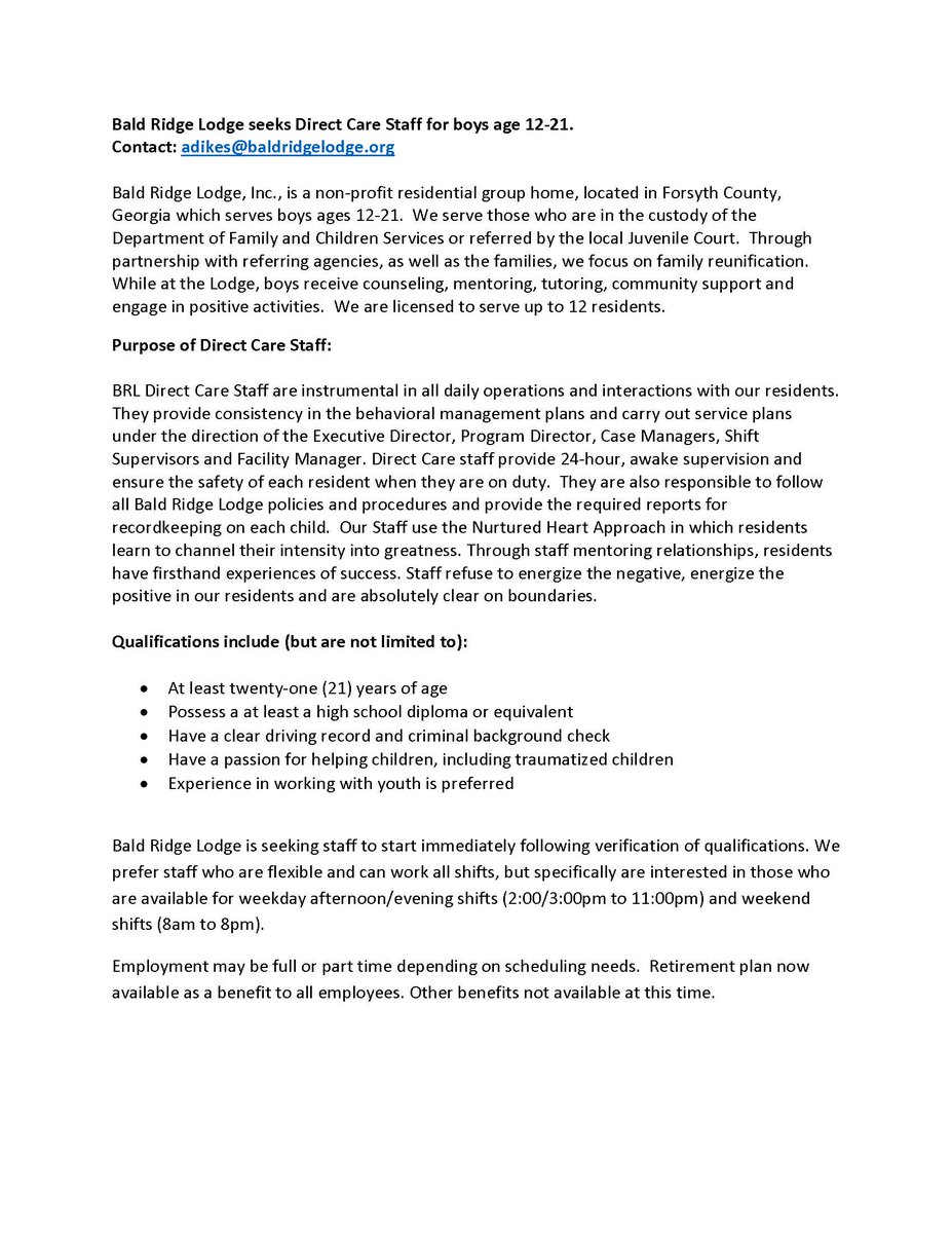Bald Ridge Lodge
-NOW HIRING-Seeking Direct Care Staff for boys age 12-21
facebook.com/Bald-Ridge-Lod…