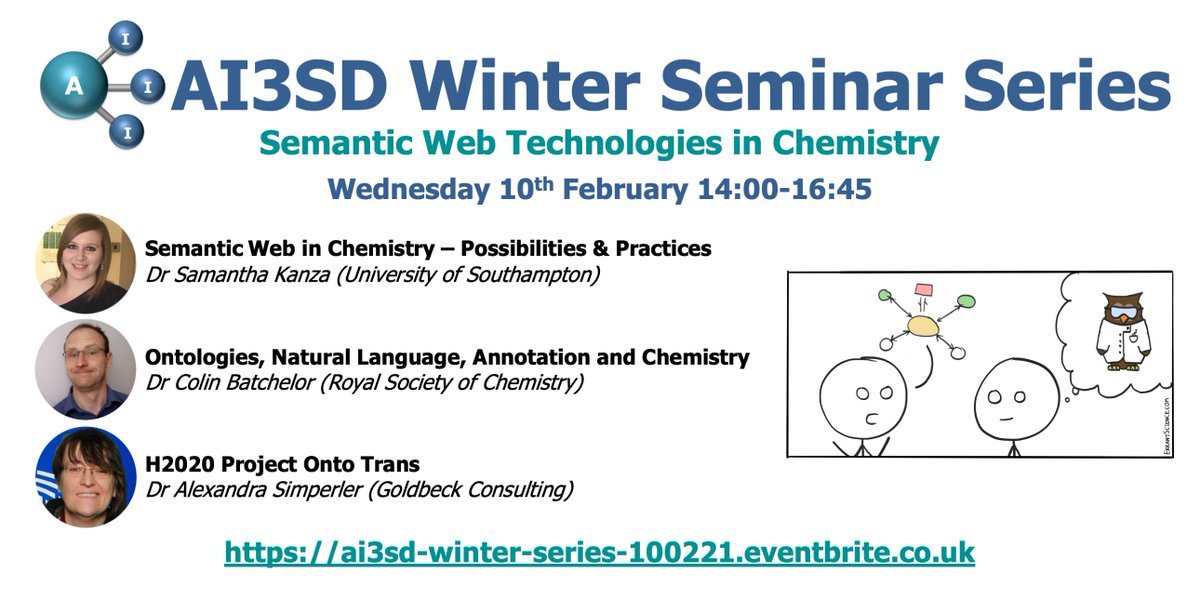 AISciNet (@aiscinet) on Twitter photo Register 4 #AI3SDSemanticWebTechnologies: 10/02: #SemanticWeb Technologies in #Chemistry …winter-series-100221.eventbrite.co.uk Speakers: <a href="/SamiKanza/">Samicat</a>/<a href="/unisouthampton/">University of Southampton</a>, <a href="/documentvector/">Colin Batchelor</a>/<a href="/RoySocChem/">Royal Society of Chemistry</a> & Alexandra Simperler of Goldbeck Consulting (<a href="/SimpConsulting/">SimplicityConsulting</a> <a href="/gerhardgoldbeck/">Gerhard Goldbeck</a>) #RDF #OWL #Ontologies Register 4 #AI3SDSemanticWebTechnologies: 10/02: #SemanticWeb Technologies in #Chemistry …winter-series-100221.eventbrite.co.uk Speakers: <a href="/SamiKanza/">Samicat</a>/<a href="/unisouthampton/">University of Southampton</a>, <a href="/documentvector/">Colin Batchelor</a>/<a href="/RoySocChem/">Royal Society of Chemistry</a> & Alexandra Simperler of Goldbeck Consulting (<a href="/SimpConsulting/">SimplicityConsulting</a> <a href="/gerhardgoldbeck/">Gerhard Goldbeck</a>) #RDF #OWL #Ontologies