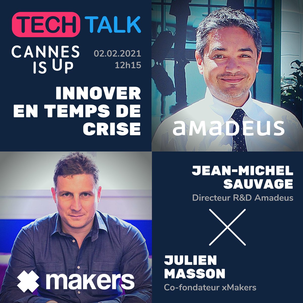 CannesIsUp's tweet photo. Nouveau : Lancement des Tech Talks 💬
#CannesIsUp @FrenchTechCdA 
📔Les startups
🧑‍💻Innover en temps de crise 
Avec @jmscannes directeur R&amp;D @AmadeusNice et Julien Masson @xMakers3 
📅Mardi 02 Février 2021
⌚️12h15 - 13h-45
📍Webinar en ligne
Inscrivez-vous 
https://t.co/caZCeYVrA9 https://t.co/2v6rwqm2bU