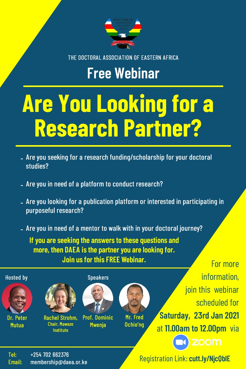 RachelStrohm's tweet photo. Are you a PhD student in Eastern Africa, looking for information about research funding, mentorship, or getting published? Join this @DAEAOfficial webinar at 11 am EAT on January 23 to learn more! Register at https://t.co/7kvW8kkVlz. (cc: @MawazoInstitute @The_BIEA @AASciences) https://t.co/ICihM0DBRL