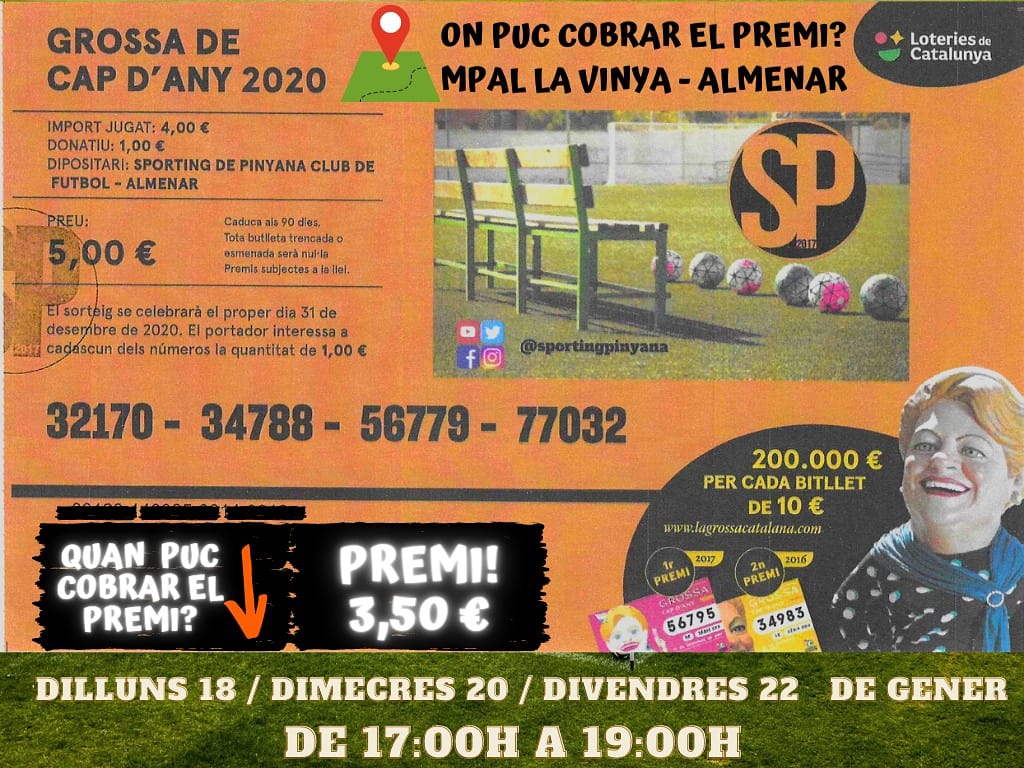 La Grossa de Nadal, celebrada el passat 31 de desembre de 2020, ens va deixar un premi de 3,50€ per butlleta.
Cobrament:
Dilluns 18, dimecres 20 i divendres 22, de 17h a 19h, al camp de futbol d’Almenar. El divendres 22 serà l’últim dia per poder cobrar el premi.