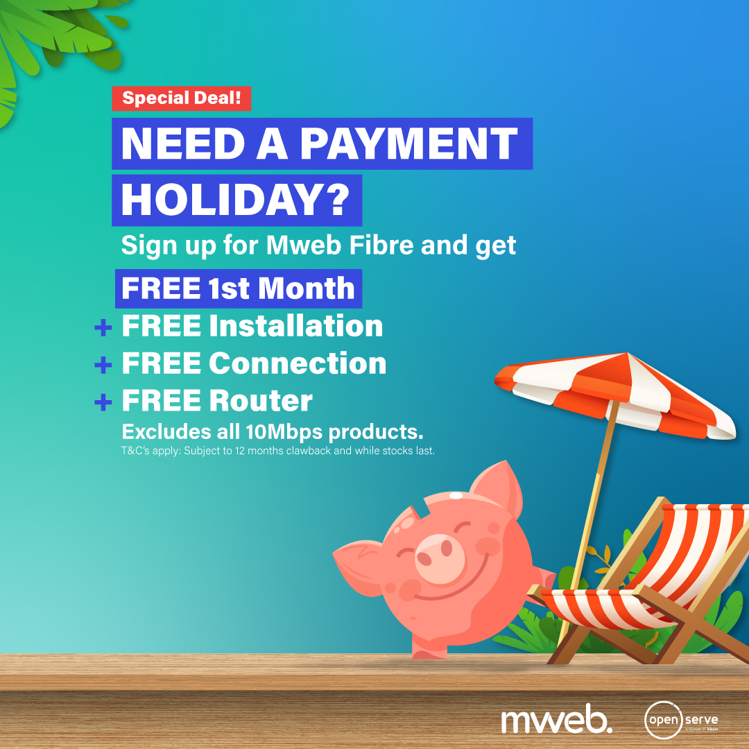 OpenserveZA's tweet photo. Need a payment holiday? Then this Mweb Fibre deal is right for you! Connect your home with Mweb on the Openserve Fibre Network. #ConnectHome #ConnectedLife #OpenserveConnect https://t.co/qO79jo16v5