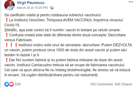 RaluMihalache's tweet photo. @karmellle @bucharestlife Nu există vaccinurile noastre. Ce face #OncoGen, mai ales președintele său prof. univ. Virgil Păunescu, este o mizerie. Minte cu nerușinare. Nu există un vaccin românesc, cu atât mai puțin unul care „dă cel puțin 17 ani de imunitate, dar probabil pentru toată viața.”. https://t.co/tmGo7TBMUP