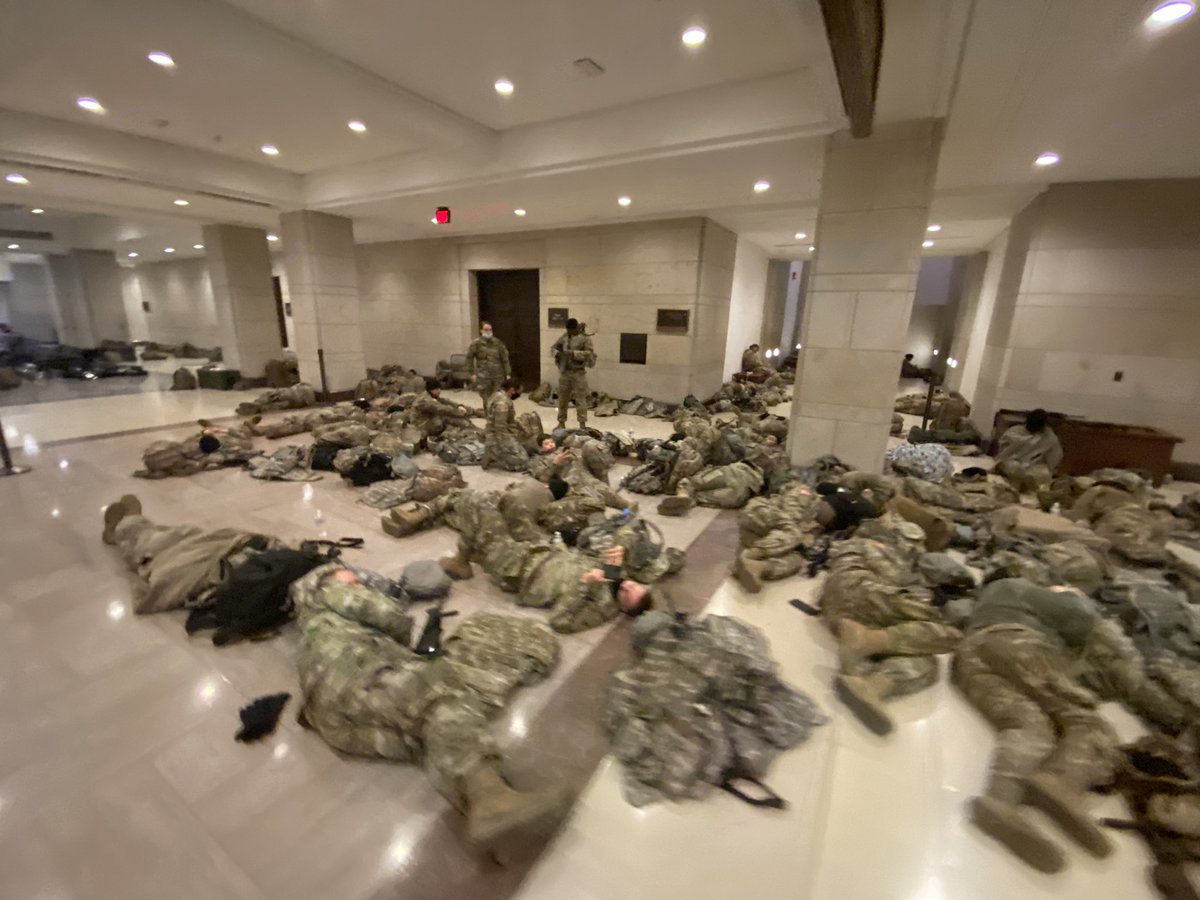 Because Republicans would not accept the peaceful transfer of power. GOPers watched, enabled & schemed with Trump Now 100s of US troops napping while cuddling their firearms & ready to protect what Republicans have endangered Today is the day 