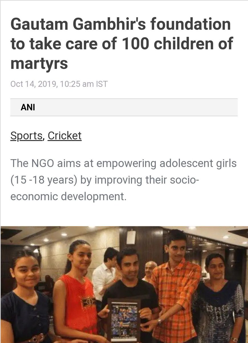 Gautam Gambhir foundation takes cares of hundreds of children of martyrs