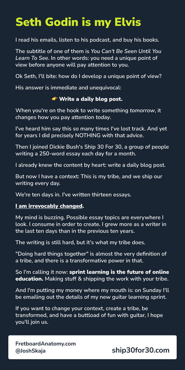 joshskaja's tweet photo. A grew more as a writer in the last ten days than in the last ten years￼.

Here's how (and how I'm applying it to guitar playing next).

My latest for #Ship30For30👇 https://t.co/2IUgEAIJCy