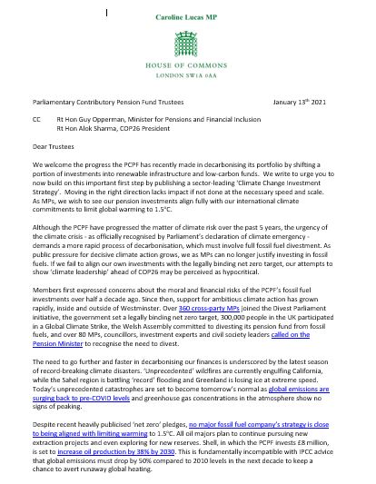CarolineLucas's tweet photo. I'm joined by cross-party MPs writing to trustees of the MPs Pension Fund demanding divestment from climate-wrecking fossil fuels

Government has finally pledged to stop fossil fuel finance abroad. Parliament must now get its own house in order 

#DivestParliament https://t.co/xvhGeZ1uAm