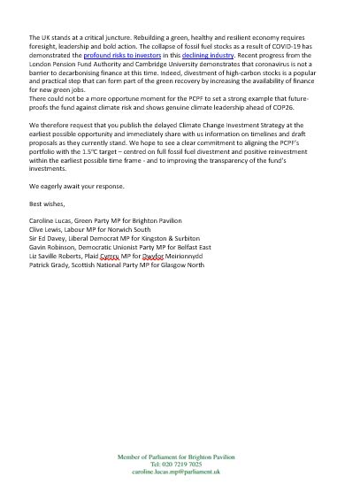 CarolineLucas's tweet photo. I'm joined by cross-party MPs writing to trustees of the MPs Pension Fund demanding divestment from climate-wrecking fossil fuels

Government has finally pledged to stop fossil fuel finance abroad. Parliament must now get its own house in order 

#DivestParliament https://t.co/xvhGeZ1uAm