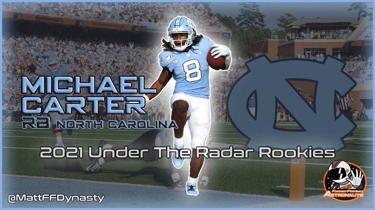 • 2021 Under The Radar Rookies •MICHAEL CARTER - RB (North Carolina)Height: 5’8”Weight: 199 lbsAge: 21Career stats (Rush/Rec)2017: 97/559/8 - 11/100/12018: 84/597/2 - 25/135/12019: 177/1003/3 - 21/154/22020: 156/1245/9 - 25/267/2Total514/3404/22 - 82/656/6(1/6)