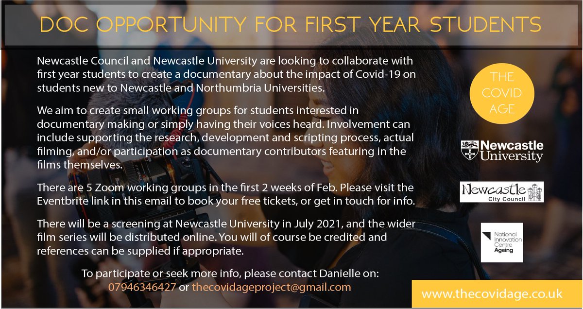 Opportunity for our first year students! 👇👇👇

Take part in a documentary film about the student experience in Newcastle during the pandemic #TheCovidAge