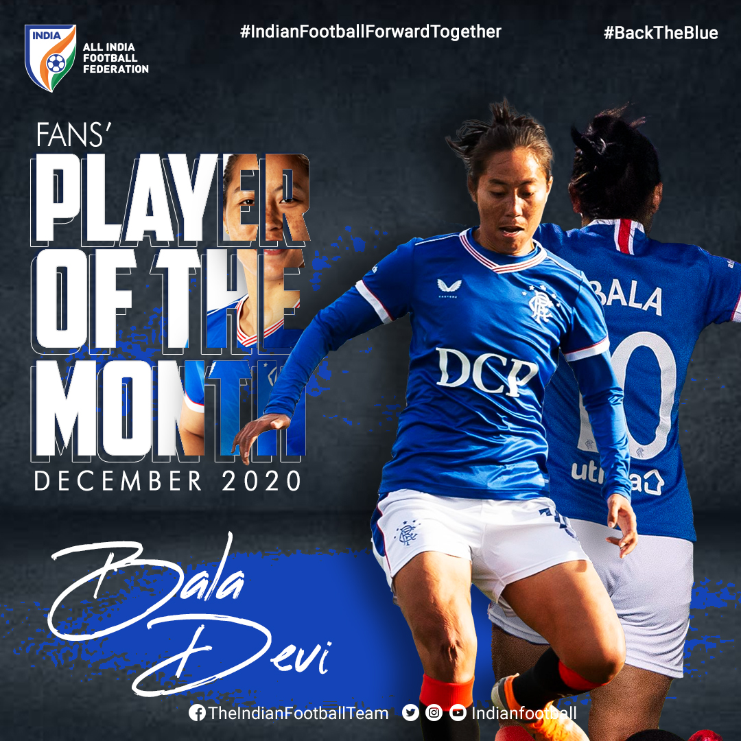 IndianFootball's tweet photo. Let's raise a toast🥂to congratulate @BalaDevi_10 our Fans' Player of the Month!👏

In Dec, Bala scored for @rangerswfc becoming the first Indian footballer to score a goal in a top-flight European League🤩

📸:https://t.co/M1WHMRN3oQ

#IndianFootballForwardTogether #BackTheBlue https://t.co/hvOcOsN5Q3