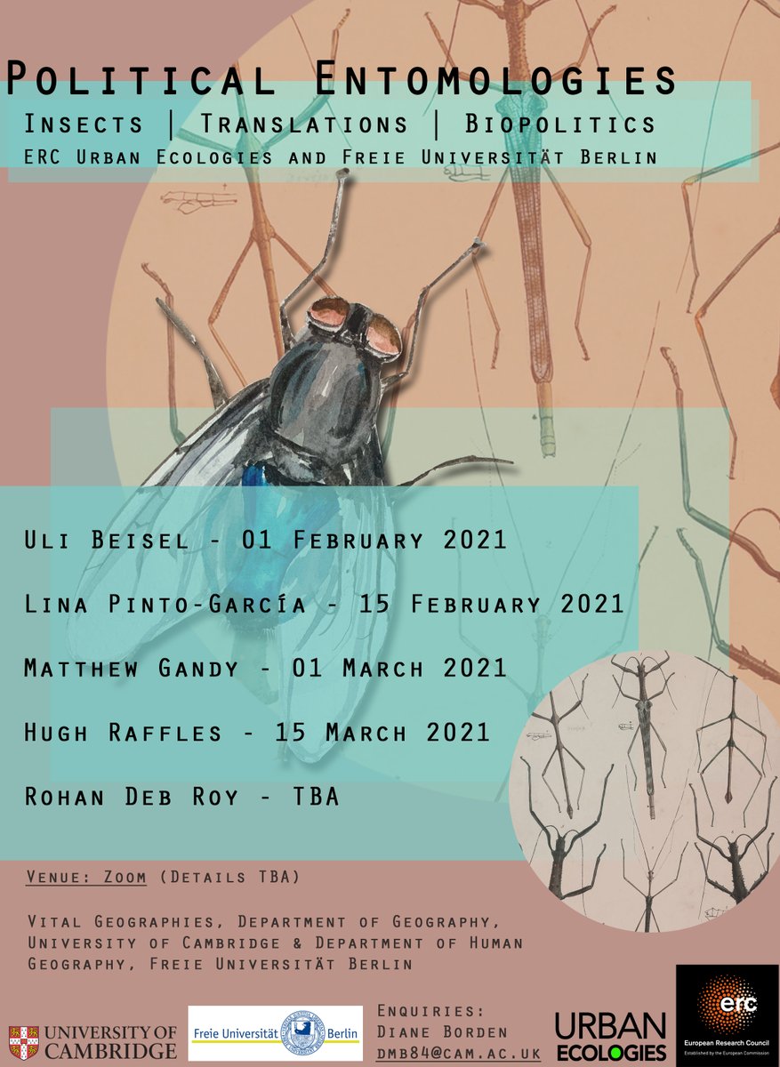 [1/2] So thrilled to announce ‘Political Entomologies’, a new seminar series that looks at material, political & economic life through insects. To register: tinyurl.com/y5mxen4w Please share widely 🦟🐝🪰📚 @vitalgeogs @UEcologies @maanbarua @ulibeisel