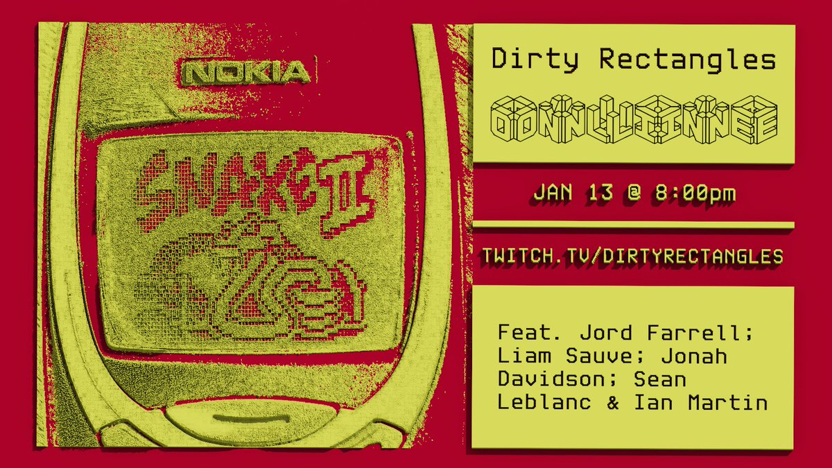 Rectangles_TO's tweet photo. TONIGHT!

Dirty Rectangles ONLINE returns for the new year.

Come and see a wonderful line up of inspiring work from local game makers

8:00pm EST @ https://t.co/KU05XrVJhE https://t.co/39hZTBJEW1