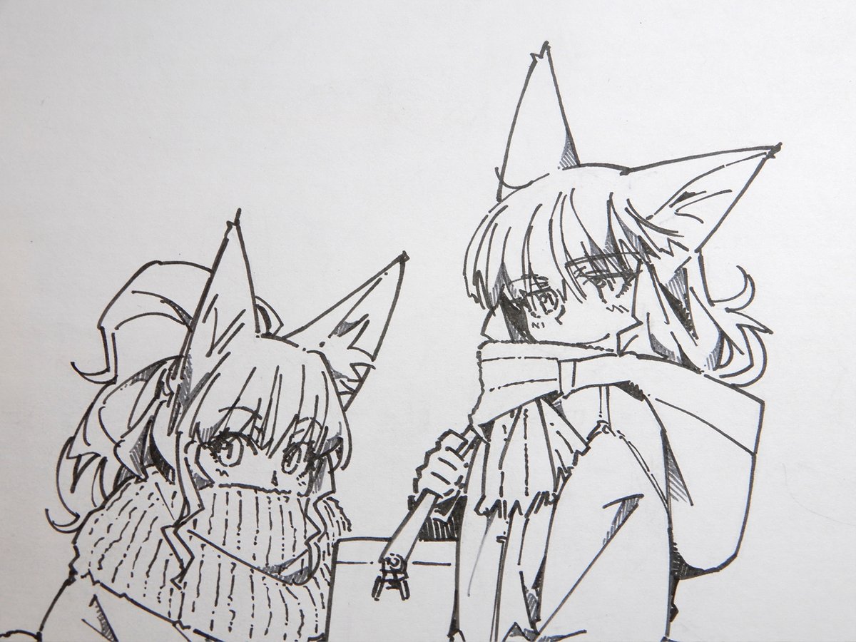 キャラの線画と背景のラフ。 