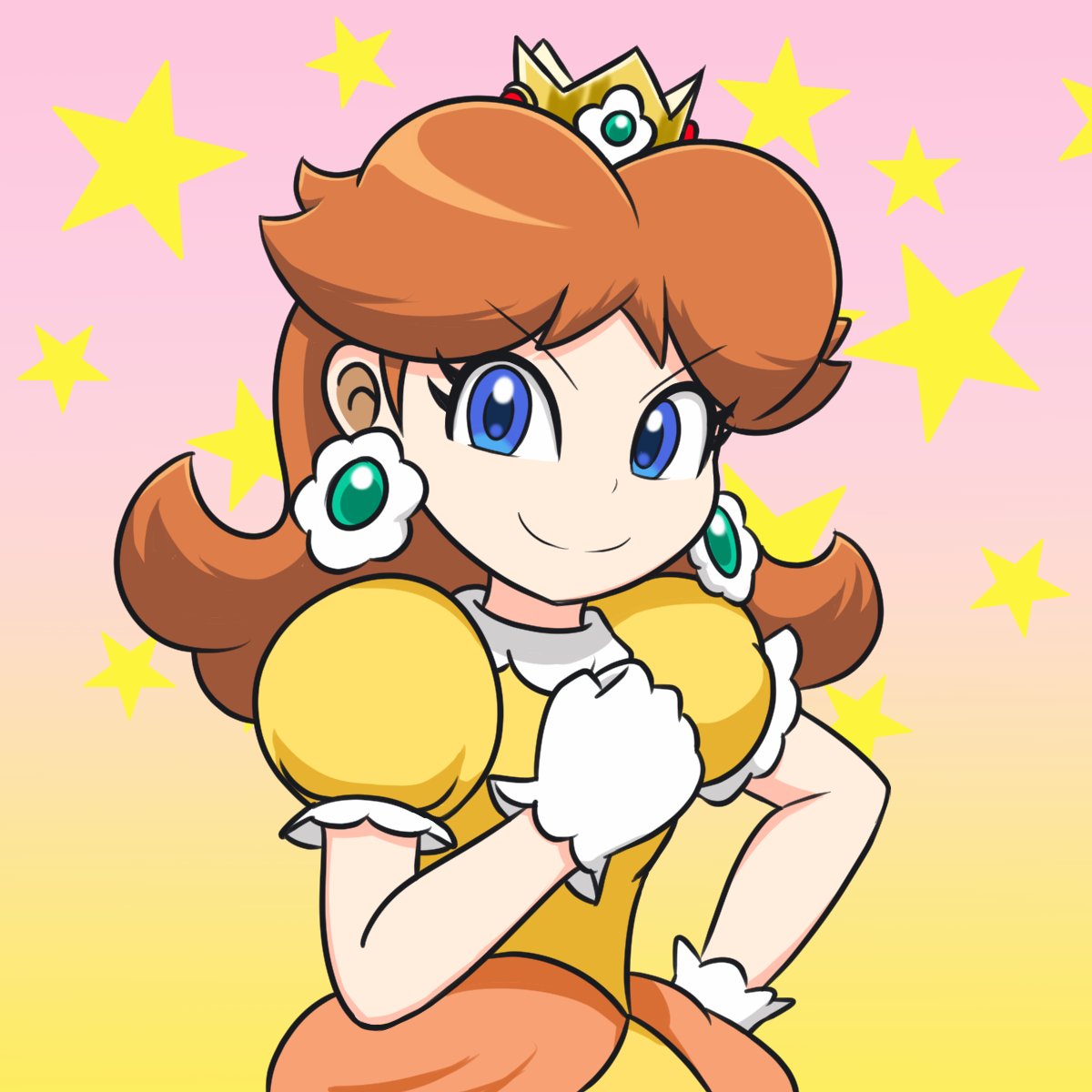 princess daisy 1girl solo earrings blue eyes jewelry gloves brown hair  illustration images