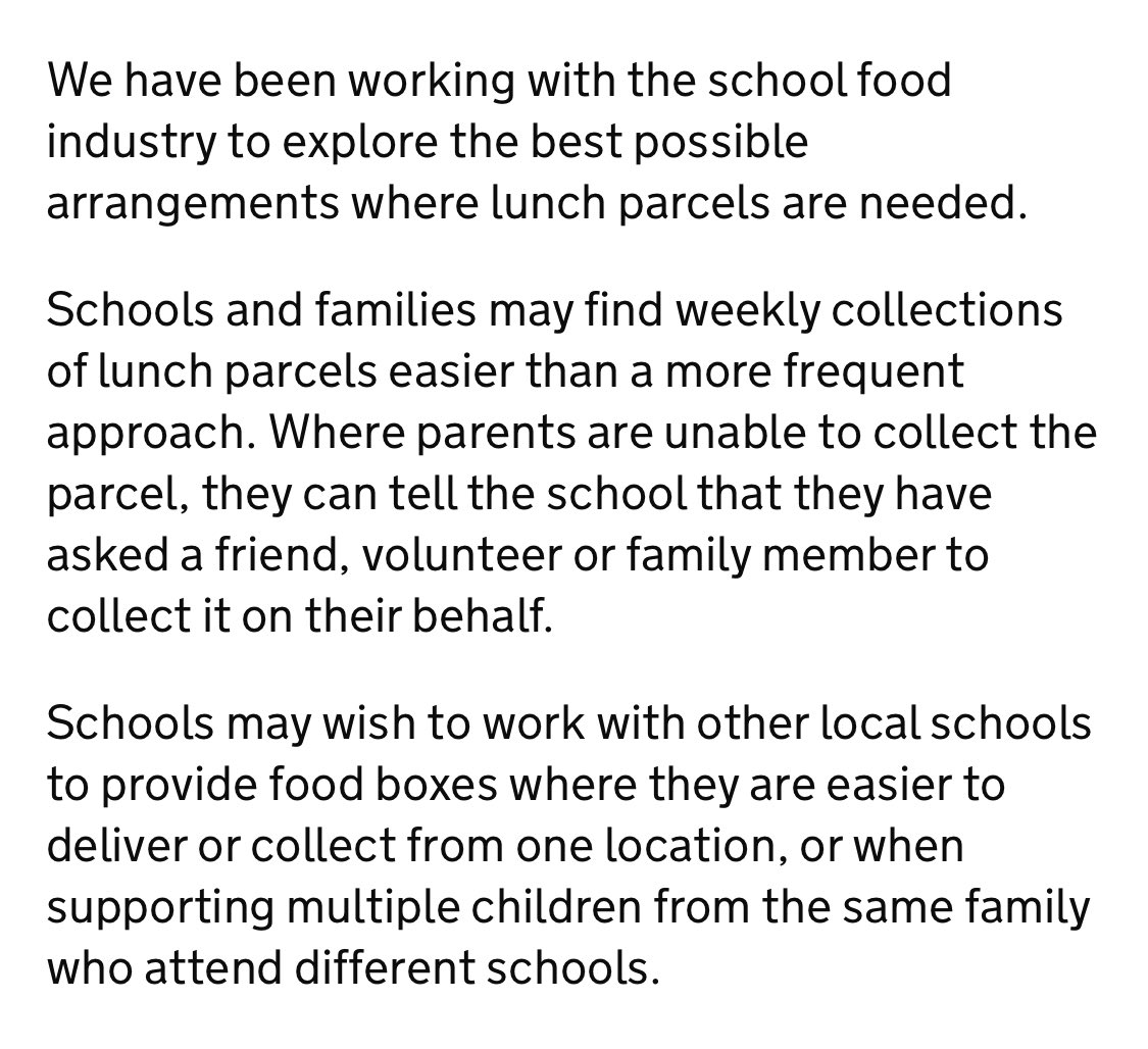 Firstly it’s worth noting that there is much more emphasis on the provision of food parcels Unfortunately I think recent events have overtaken the guideline & the Catering industry have show themselves in the foot
