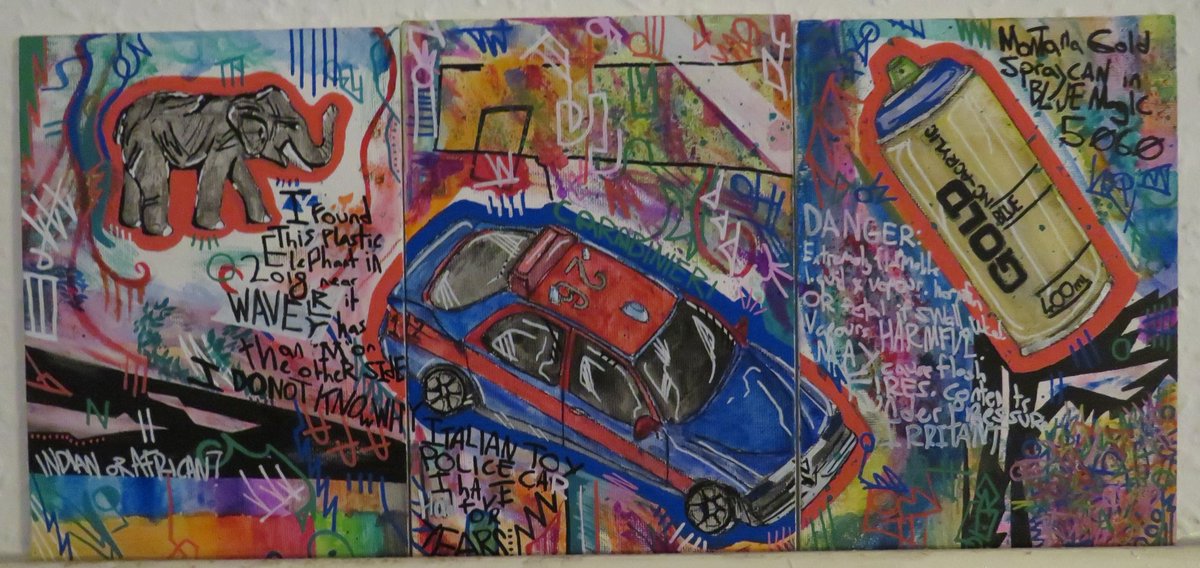 12055_RAINFALL's tweet photo. [12055 - 13/01/21 - 12:38]
[3 × A5 canvass board]
[watercolour and ink]

tryptych of items on my desk for a series on household objects.

#art #paint #watercolour #carabinieri #spraypaint #elephant #tryptych https://t.co/s3xDK15mTu