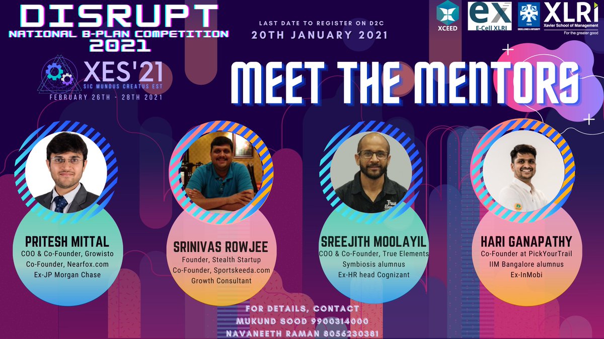 ecell_xlri's tweet photo. Mentor Panel for Disrupt-B Plan

1. Srinivas Rowjee Co-Founder at https://t.co/9177cJR7pJ
2. @sreejithmoolayl Co-Founder &amp; COO at @trueelements 
3. @priteshmittal45 Co-Founder &amp; COO at @Growisto_ 
4. Hari Ganapathy Co-Founder at @Pickyourtrail

Register: https://t.co/9w4VU2nMDO https://t.co/lEv9qD5fyD