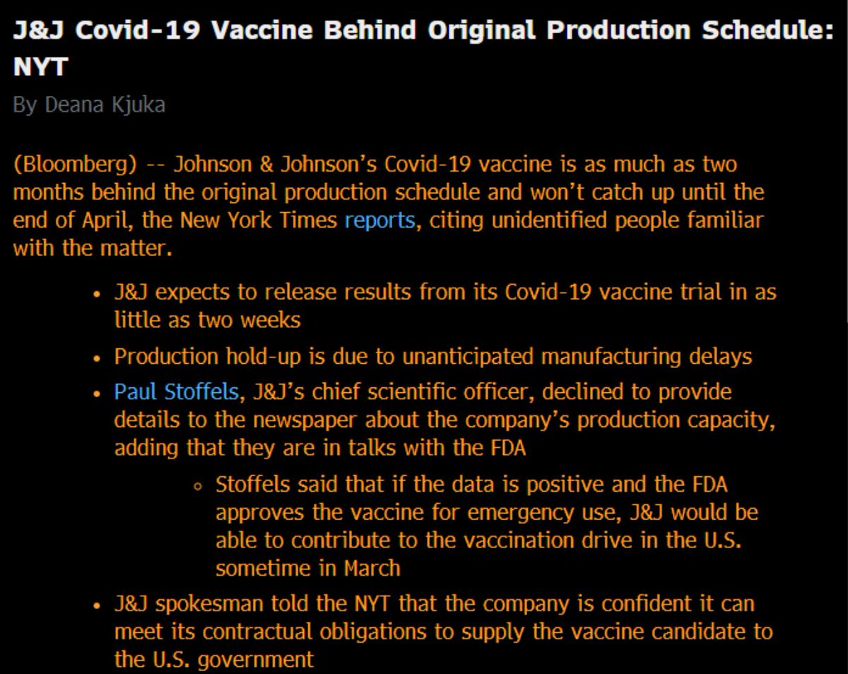 cfromhertz's tweet image. $JNJ J&amp;amp;J Covid-19 Vaccine Behind Original Production Schedule: NYT

J&amp;amp;J expects to release results from its Covid-19 vaccine trial in as little as two weeks