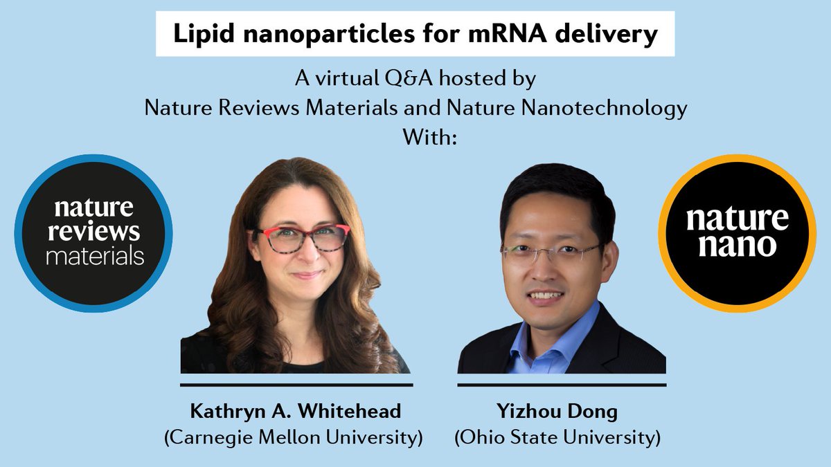 NatRevMaterials (@natrevmater) on Twitter photo Anyone have questions about the new #COVID19 mRNA vaccines? Together with <a href="/NatureNano/">Nature Nanotechnology</a>, we will host a Q&A webinar discussing lipid nanoparticles for mRNA delivery with <a href="/KWhiteheadLab/">Prof. Katie Whitehead</a> and <a href="/yizhoudonglab/">Yizhou Dong</a>! 17th February 2pm GMT! Register here: register.gotowebinar.com/register/50663… Anyone have questions about the new #COVID19 mRNA vaccines? Together with <a href="/NatureNano/">Nature Nanotechnology</a>, we will host a Q&A webinar discussing lipid nanoparticles for mRNA delivery with <a href="/KWhiteheadLab/">Prof. Katie Whitehead</a> and <a href="/yizhoudonglab/">Yizhou Dong</a>! 17th February 2pm GMT! Register here: register.gotowebinar.com/register/50663…