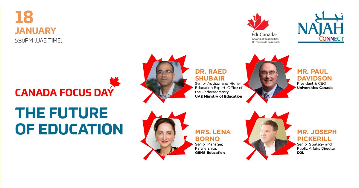 CanadainUAE's tweet photo. Interested in the future of education? Join our 2nd Canada Focus Day on Jan 18 to hear experts from 🇦🇪 and 🇨🇦, including @PaulHDavidson from @univcan &amp; @pickerill_joe from @D2L discussing  new opportunities &amp; tools in education delivery. 
Register👉 https://t.co/3EHctUsqCm https://t.co/DSaSJlIpnl