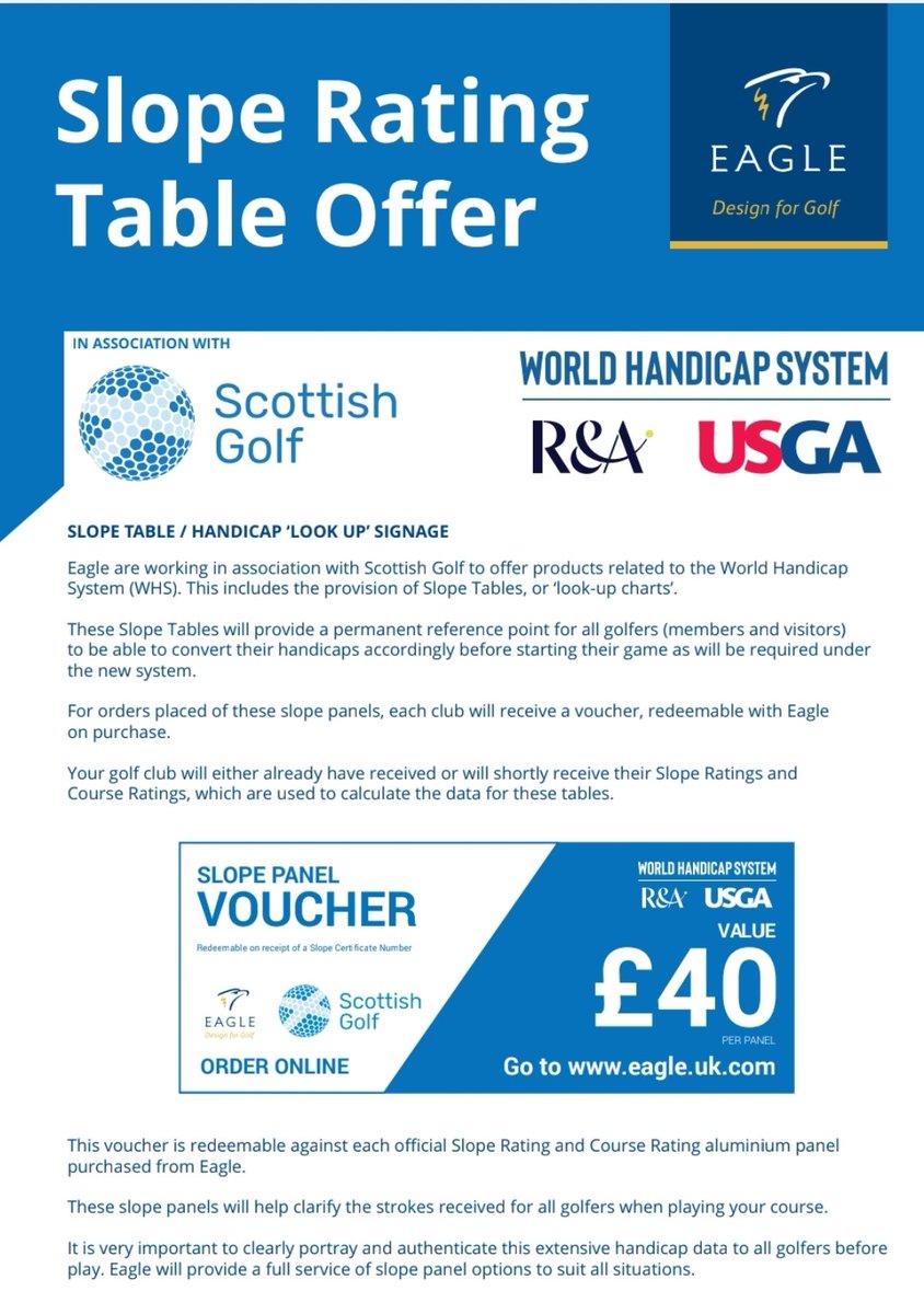EagleNorthUK's tweet photo. As we build ever closer to the 2021 season @eaglegolfuk continue to support clubs in their transition to the World Handicap System, with all golf clubs in Scotland still able to redeem their £40 Voucher towards a Slope Table through our partnership with @ScottishGolf 

#WHS https://t.co/3PaCBycBkI