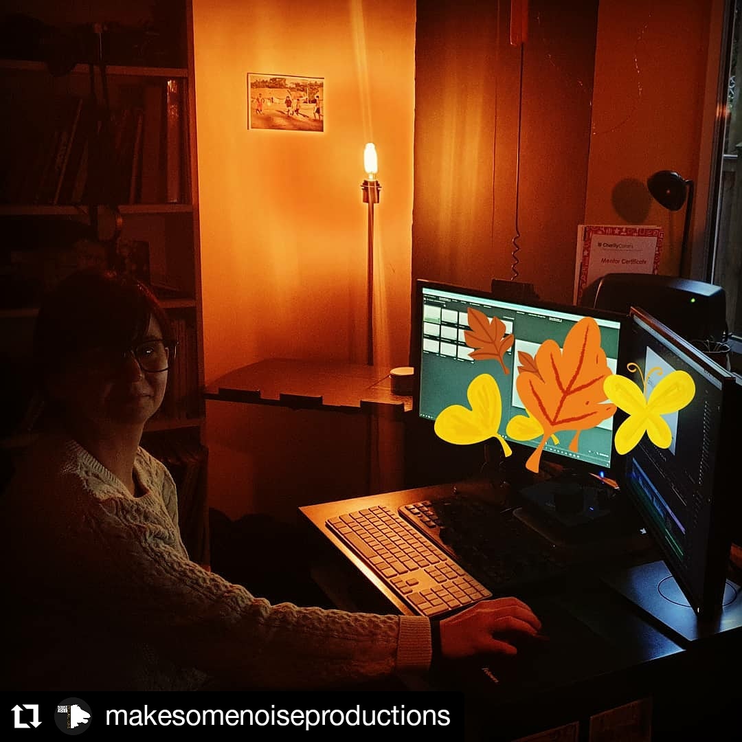 MakeSomeNoiseP2's tweet photo. Our @pot_pie_adventures editing away in cosy, little #studio 52 while the #snow fell outside the window!

#film #filmmaking #editing #charity #charityfilm #loveourjob https://t.co/E7L6YgGoTk