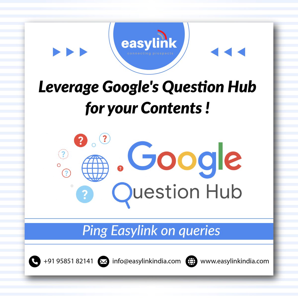 Leverage Google's Question Hub for your Contents ! Ping Easylink on queries. 
For more: 91-9585182141 easylinkindia.com
#google #Googlequestionhub #contents #contentstrategy #contentmarketing #contentcreation #marketing #contentstrategytips #socialmediamarketing  #webresult