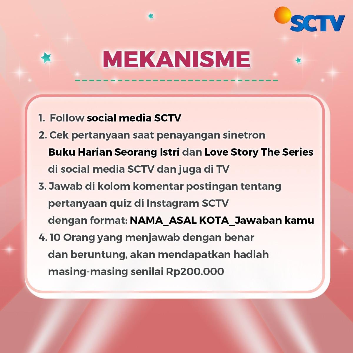 SCTV's tweet photo. Siapa sih yang nggak mau, nonton sinetron tapi dapet hadiah!!

Ingat-ingat pertanyaannya dan temukan jawabannya di #LoveStoryTheSeries! Jangan lupa ikuti mekanisme menjawabnya di slide kedua, ya~

#SCTVSinetron 
#WAJIBNontonSCTV https://t.co/4scQTYus1g
