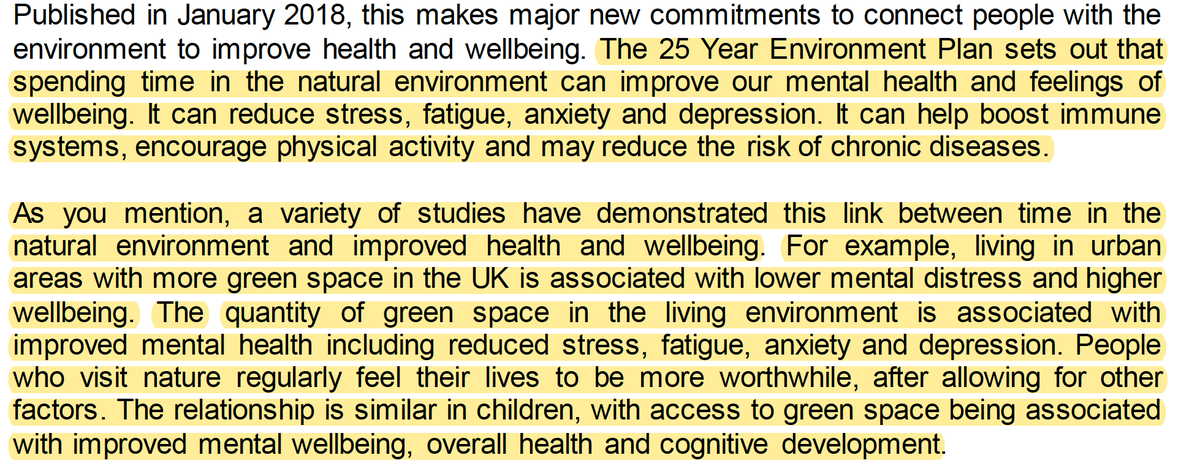 (2/8) Firstly, the Govt are not immediately offering to extend Right to Roam (surprise!). And most of the letter is simply restating existing govt policies.But there are some useful parts where Govt accepts the importance of access to nature for its health benefits, e.g: