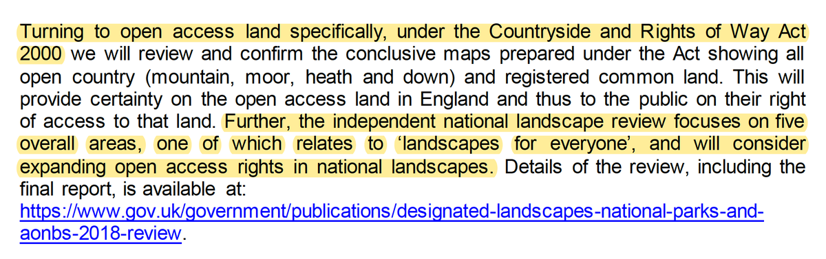 (3/8) Perhaps most interestingly, the letter mentions the 2019 Glover Review with its recommendation to “expanding open access rights in national landscapes”, ie National Parks & AONBs. The Govt *still* hasn’t responded to the Review. Will it adopt this recommendation?