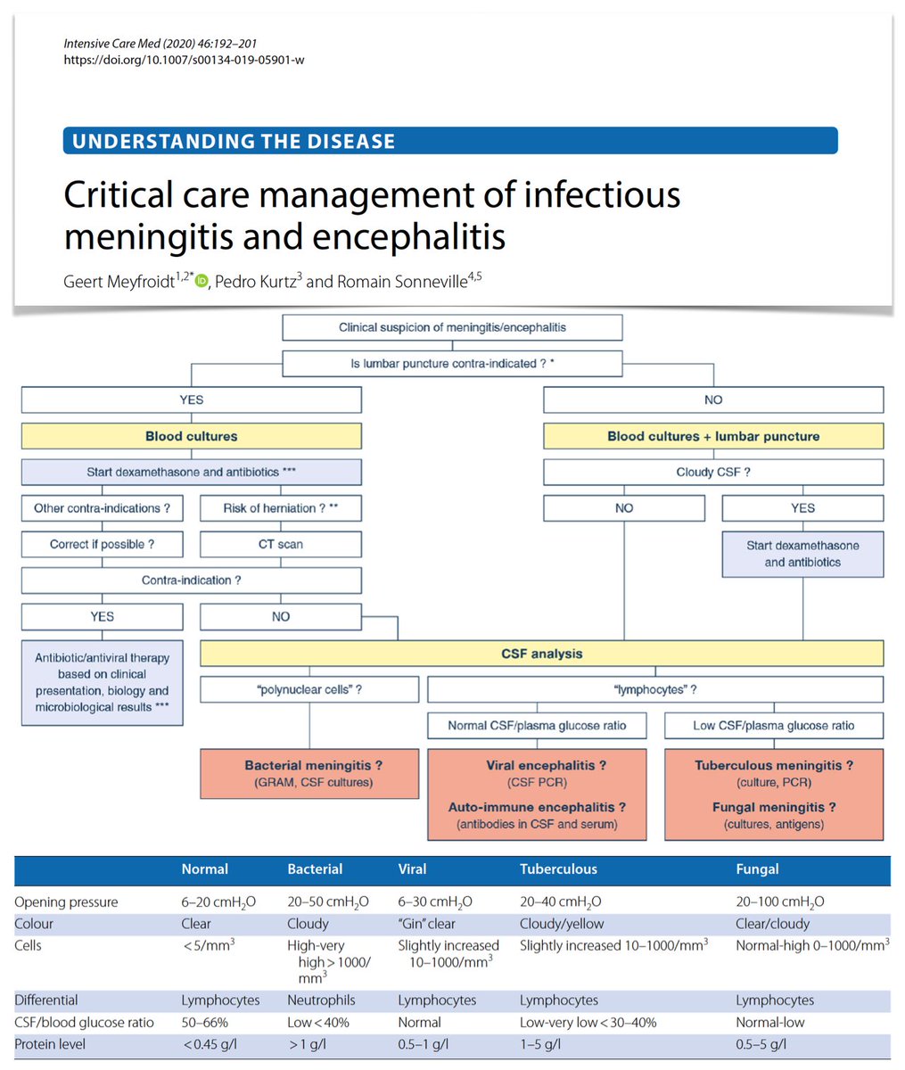 Intensive Care Medicine (@youricm) on Twitter photo Meningitis & encephalitis in #ICU:
➡️epidemiology, signs/symptoms, CSF, imaging, EEG
➡️antimicrobials for community‑acquired meningitis, acute viral encephalitis, other involved pathogens, healthcare‑associated ventriculitis/meningitis
➡️adjuvants
 #FOAMcc rdcu.be/cdu0f Meningitis & encephalitis in #ICU:
➡️epidemiology, signs/symptoms, CSF, imaging, EEG
➡️antimicrobials for community‑acquired meningitis, acute viral encephalitis, other involved pathogens, healthcare‑associated ventriculitis/meningitis
➡️adjuvants
 #FOAMcc rdcu.be/cdu0f