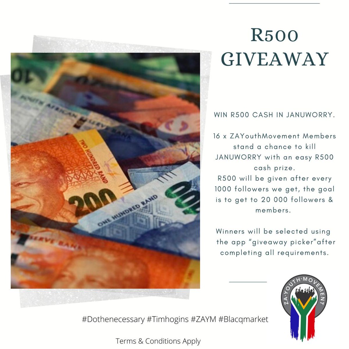cheryl_zondi's tweet photo. GIVEAWAY TIME ‼️‼️‼️.
The @ZAYouthMovement is giving away R500 to 16 lucky members to help alleviate the stress of "Januworry". Follow the instructions below to enter!

#DoTheNecessery #ZAYouthMovement #ZAYM #TimHogins #blaqmarket https://t.co/tlQRqaKFbT
