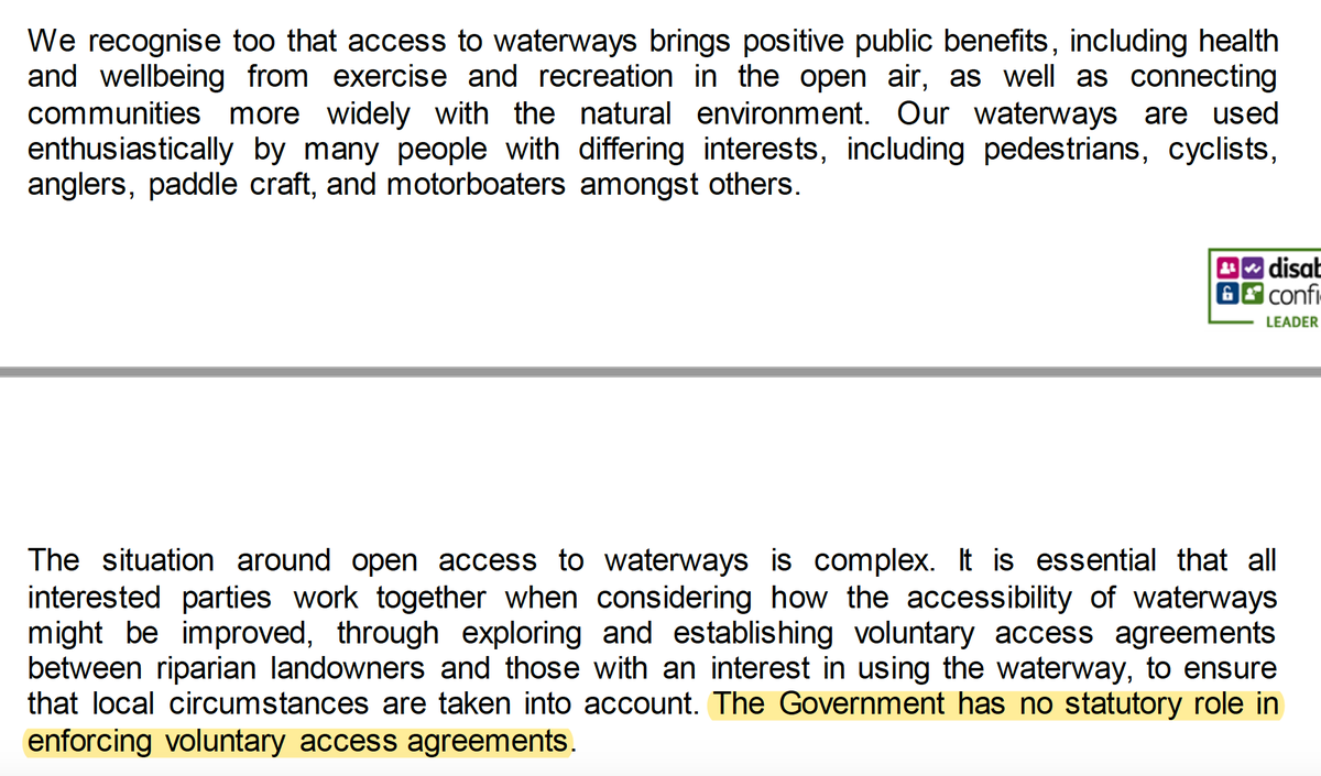 (5/8) This part of Lord Gardiner’s letter will be of particular interest to  @BritishCanoeing  @bc_benseal “The Govt has no statutory role in enforcing voluntary access agreements” on waterways – er, that’s why we’re asking for statutory Right to Roam to be extended to rivers…